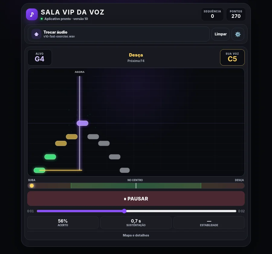 Tela da Sala VIP da Voz mostrando notas, pontuação e a posição da voz durante um exercício